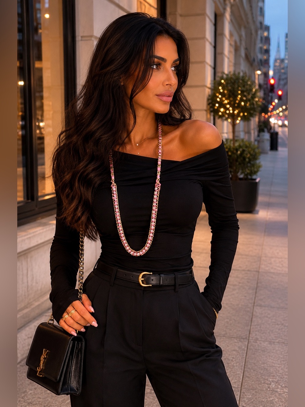 Juicy Couture Vintage Pink Rhinestone Chain Necklace Y2K Statement Gold Tone